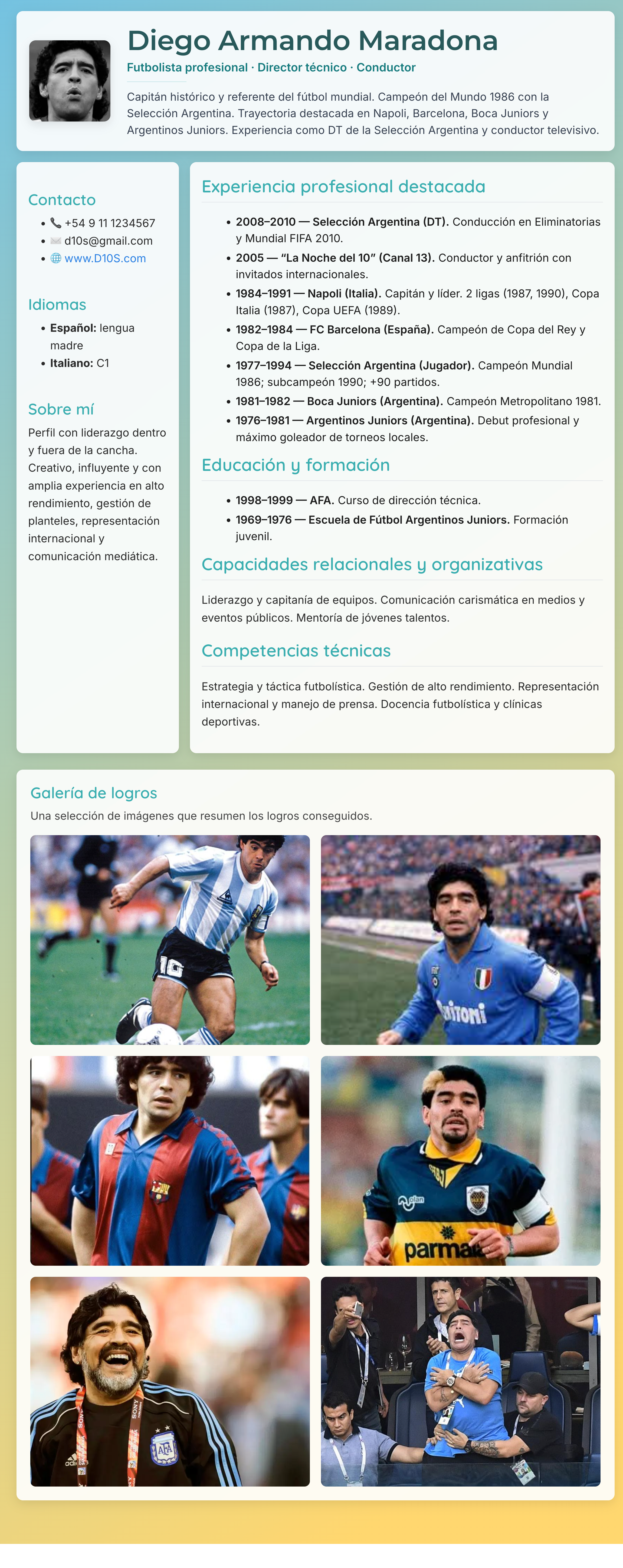 Vista previa del CV Web de Maradona